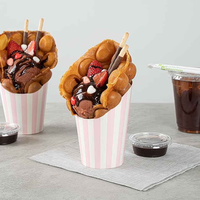 Restaurantware Bio Tek 12 Ounce French Fry Containers 100 Disposable Charcuterie Cups - Incline Design Round Striped Paper French Fry Cups Stackable For Waffles Chips or Popcorn