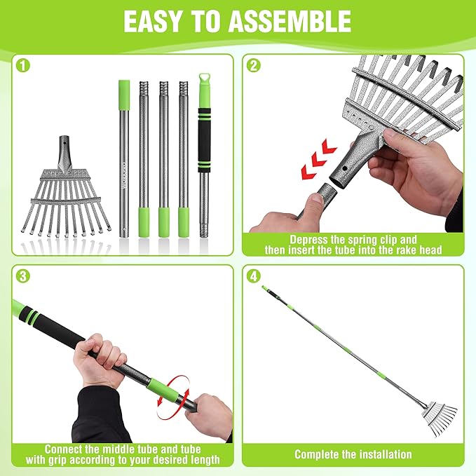 WORKPRO Rake, Small Rake for Leaves with 72” Adjustable Long Handle, 11 Steel Tines, Heavy Duty Metal Leaf Rakes for Garden, Lawn, Yard, Shrub, Flower Bed, Narrow Rakes 9" Wide Head for Tight Spaces
