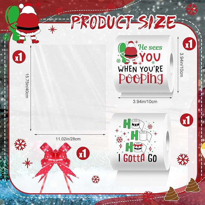 2 Rolls Christmas Toilet Paper Gifts Santa Claus Toilet Tissue with Packaging Bag and Bow Disposable Xmas Paper Towels Christmas Stocking Stuffers for Holiday Birthday Party Supply(Santa)