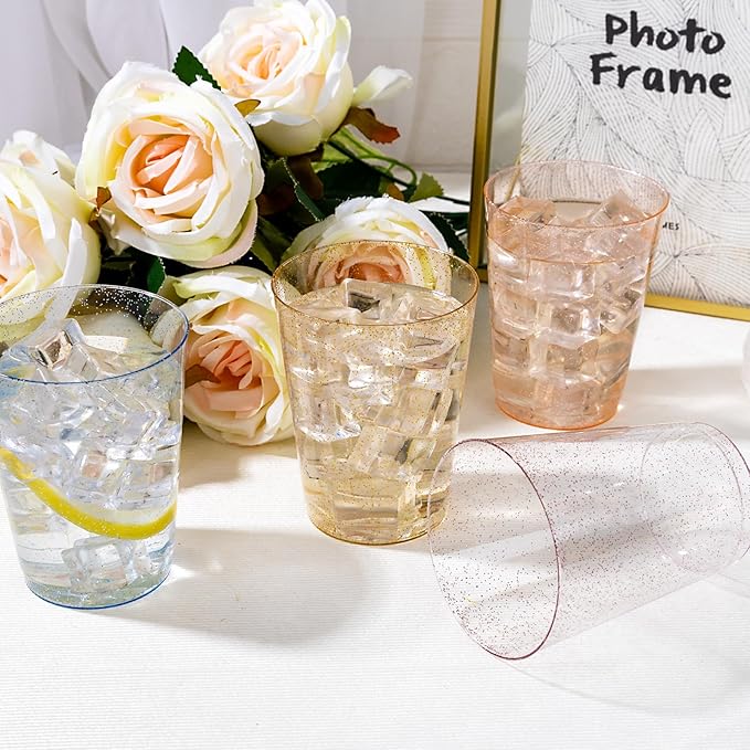 DaYammi 100 Pack 10 Oz Plastic Cups Glitter Disposable Cups in Assorted Colors,Plastic cups with 4 Colors, Disposable Wine Glasses Heavy Duty disposable Tumblers Drinking Cocktail Glasses for Party