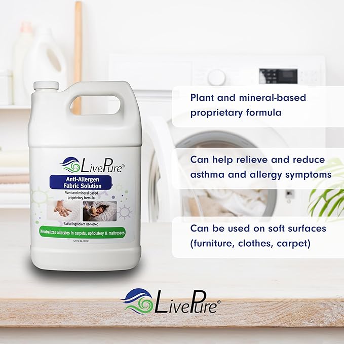 LivePure Anti-Allergen 128 OZ Fabric Spray for Household Surfaces. Plant-Based Allergy Spray for Dust Mites and Pet Dander. Fragrance Free