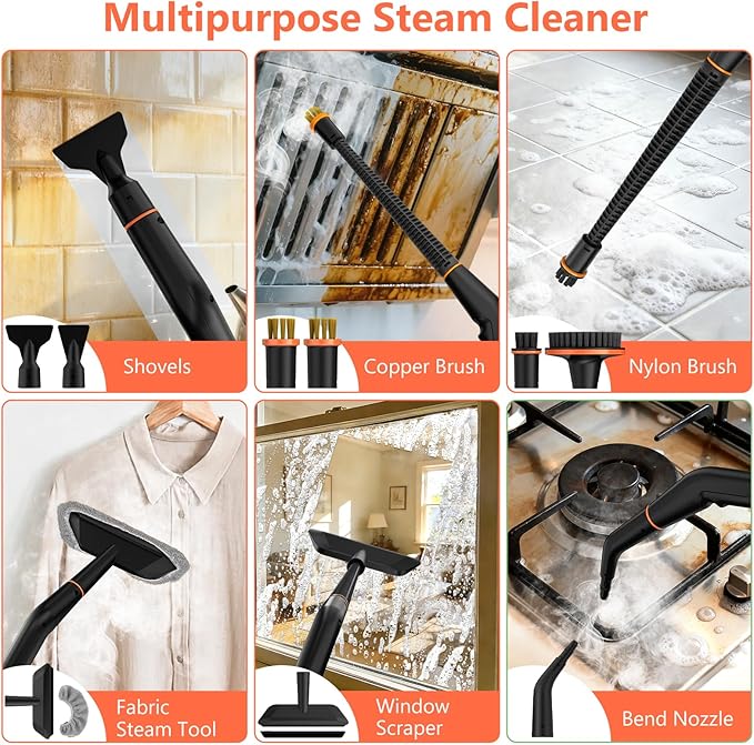 Steam Cleaner, Portable Steamer for Cleaning with 16pcs Accessories, 6-Level Adjustable, 15s Heat-Up, Handheld Steam Cleaner for Home for Tile, Grease, Dirt, Grout, Car Detailing, Orange