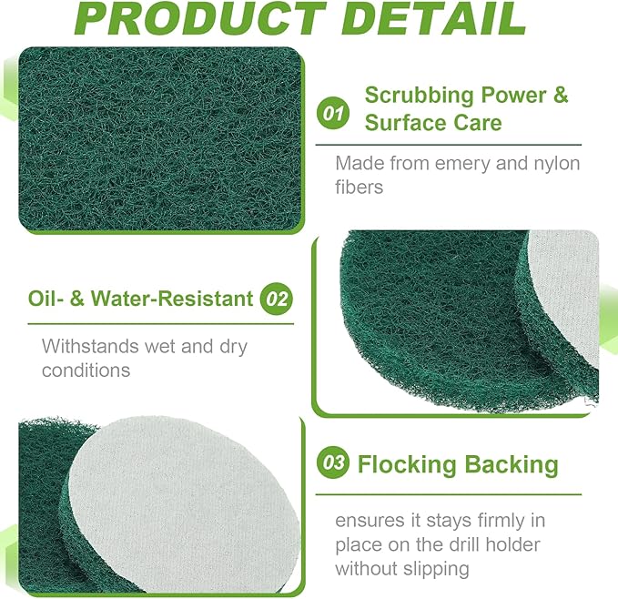 Power Scrub Pads, Scrubbing Pads 180 Grits Scouring Discs - Fitting for (Home Kitchen Cleaning - Drill Attachment - Scrubber Replacement) 6 Pcs & 5 Inch & Green