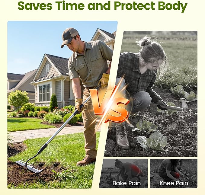 Iron Weeding Rake with Long Handle - Upgraded 8 Teeth Weed Puller Tool, Heavy Duty Manual Weeder Remover Tool for Weeding, Cultivating & Soil Aeration