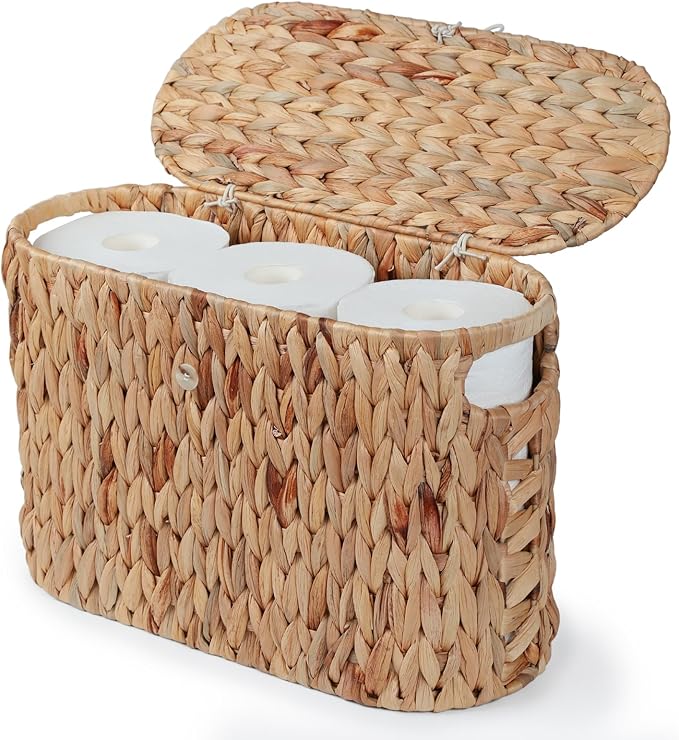 YANGQIHOME Toilet Paper Storage, Water Hyacinth Toilet Paper Storage with Lid, Papers Container for up to 6 Mega Rolls, Bathroom Basket Organizer