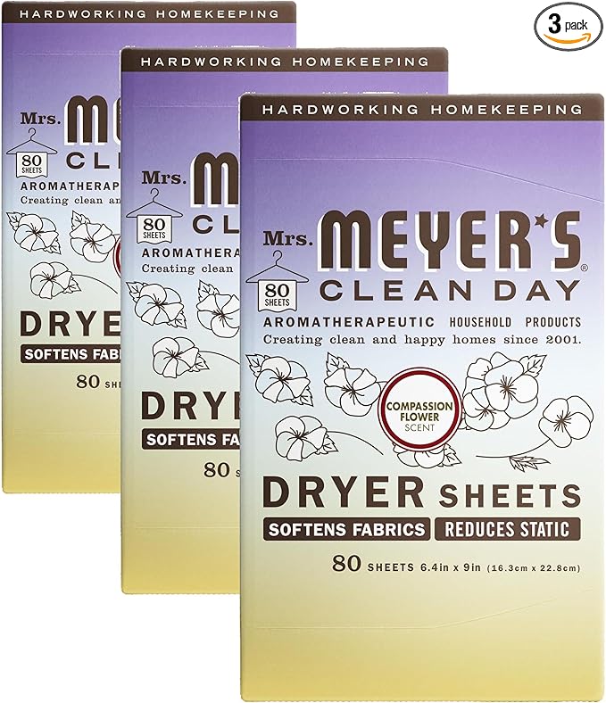 MRS. MEYER'S CLEAN DAY Dryer Sheets, Fabric Softener, Reduces Static, Infused with Essential Oils, Compassion Flower, 80 Count (Pack of 3)