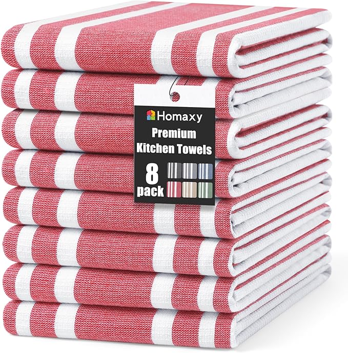 Homaxy Premium Kitchen Towels 18”x 28”, Large Cotton 380 GSM Kitchen Hand Towels, Stripe and Terry Dish Towel, Highly Absorbent Tea Towel Set with Hanging Loop, 8 Pack, Red