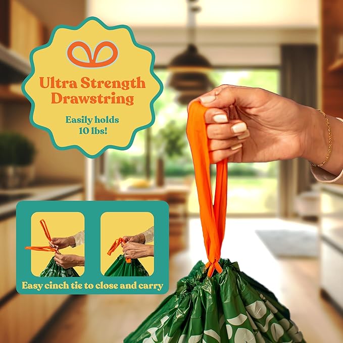 Healthy Earth 13 Gallon Compostable Drawstring Trash Bags, 1.13 Mil Extra Thick Tall Kitchen Liners (49.2 L), Heavy Duty Leak-Proof Food Scrap Bags, BPI & TÜV OK Compost Certified, 30 Count