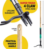Papa's Tools Weed Puller Tool, 44" Stand Up Weeder Garden Tools & 4 Claw Steel Head, Dual Weed Eject Tech. Made with Real Bamboo & Long Wooden Handle, Yard Weeding Remover for Gardening Men & Women