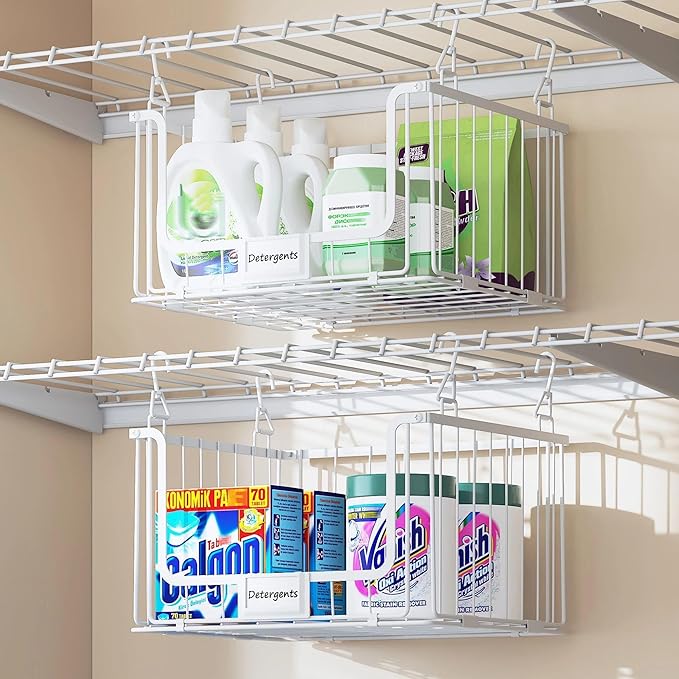 3-Pack Hanging Laundry Organizer, Stackable Wire Shelf Storage with Label Cards, Foldable Metal Baskets with 360 Rotating Hooks, Space-Saving for Laundry Room, Closet & Pantry, 11"15" Large, White