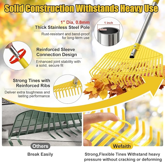 Lightweight Leaf Rake for Lawns - Anti-Break Nylon Plastic Head,Easy Yard & Garden Rake for Women,Seniors,Kids, 16.5" Wide for Leaves, Grass,Pine Needles,Gardening,Adjustable 35–65" Long Handle