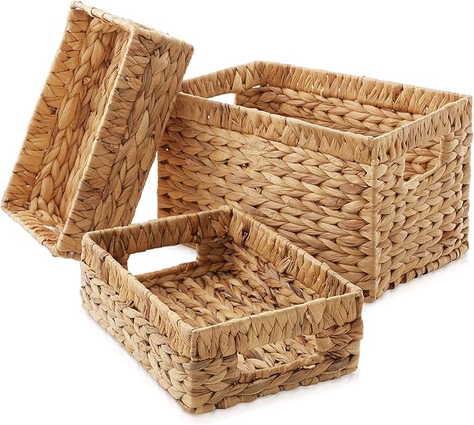 Casafield Set of 3 Water Hyacinth Storage Baskets with Handles - 1-Medium, 2-Small Woven Organizers for Bathroom, Laundry, Pantry, Office, Shelves