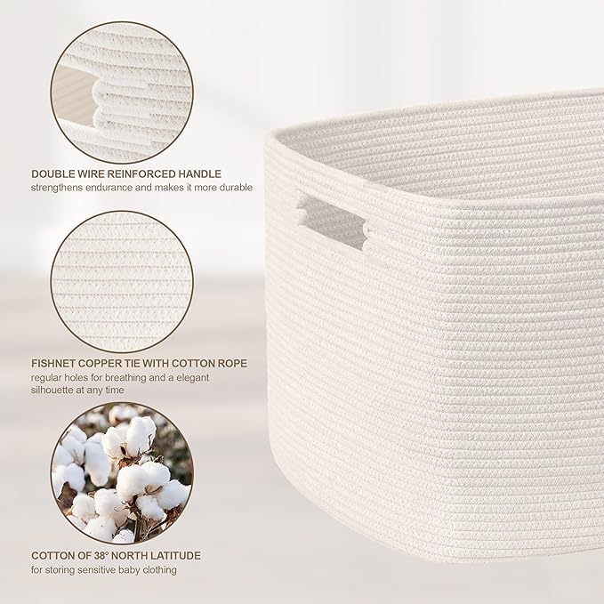 72L Large Baby Girls Laundry Basket for Nursery Storage,Cute Woven cotton Rope Baskets for Kids Toy，Gifts,Boho Square Wicker Blanket hamper for Living Room,Bedroom Dirty Clothes, White