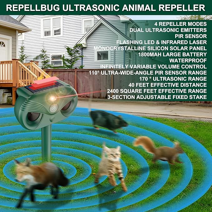 Ultrasonic Solar Animal Repeller, 2025 Upgrade Waterproof Outdoor Solar Powered Groundhog Repeller Gopher Deterrent Chaser Spike to Repell Burrowing Vole Repellent,Rodents for Lawn, Yard
