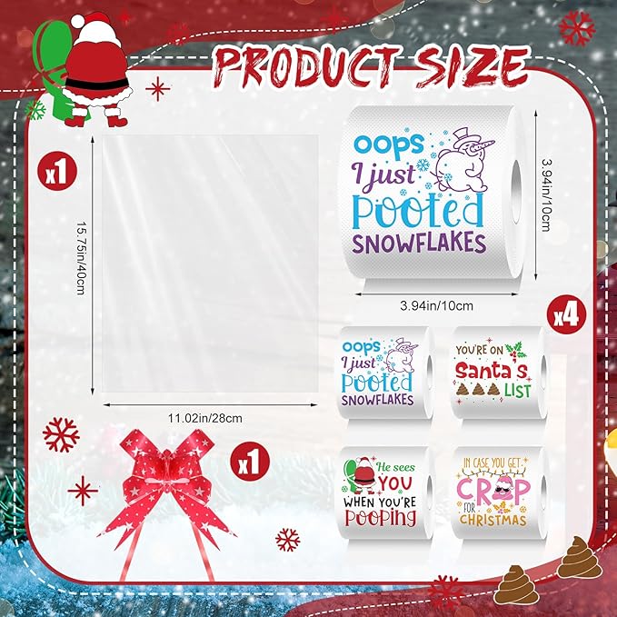 4 Rolls Merry Christmas Toilet Paper Santa Toilet Tissue Disposable Xmas Paper Towels Christmas Stocking Stuffers for Xmas Holiday Birthday Party Supply(Elegant)