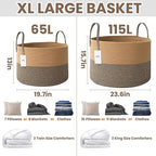 JMvicyroam 115L Extra Large Blanket Basket for Living Room - Woven Cotton Rope Laundry Hamper with Reinforced Handles - Storage Bin for Pillows, Comforters & Toys - Machine Washable,Jute&Black