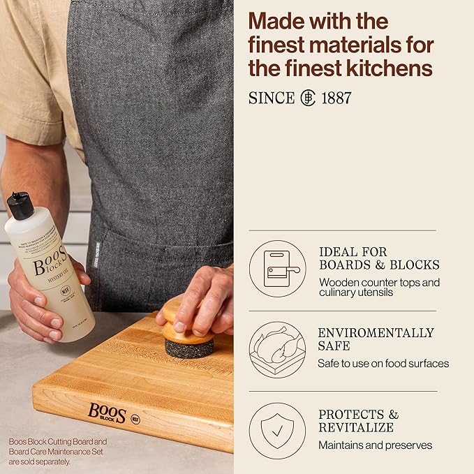 John Boos 3-Piece All-Natural Care & Maintenance Set - 16 oz Mystery Oil, 5 oz Board Cream & Round Applicator for Butcher Blocks, Cutting Boards, Wood Countertops, and Wooden Utensils