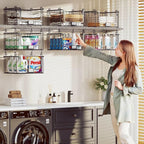 3-Pack Hanging Laundry Organizer, Stackable Wire Shelf Storage with Label Cards, Foldable Metal Baskets with 360 Rotating Hooks, Space-Saving for Laundry Room, Closet & Pantry, 11"15" Large, Black