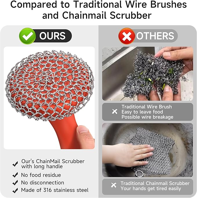 SUBEKYU Cast Iron Scrubber with Silicone Handle, Stainless Steel Skillet Cleaner for Cast Iron Pans (Red Scrubber + Scraper)