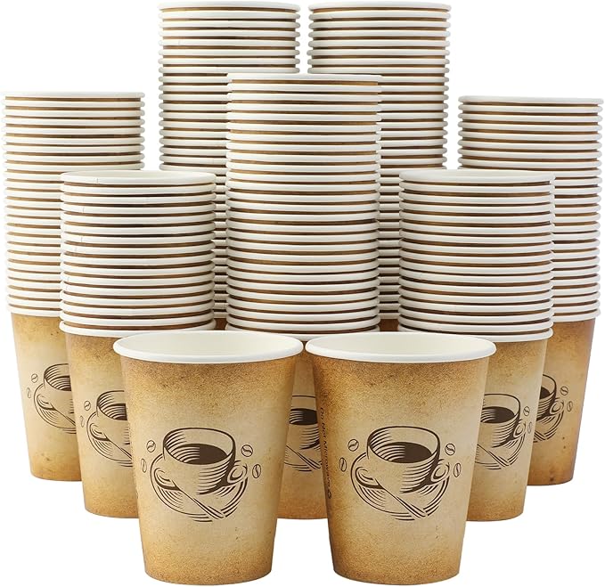 300 Pack 12oz Paper Coffee Cups, Hot/Cold Beverage 12oz Disposable Coffee Cups, Retro Design, Leak-Proof, Hot or Cold Drink, Cocoa, Chocolate, Coffee Bar Supplies