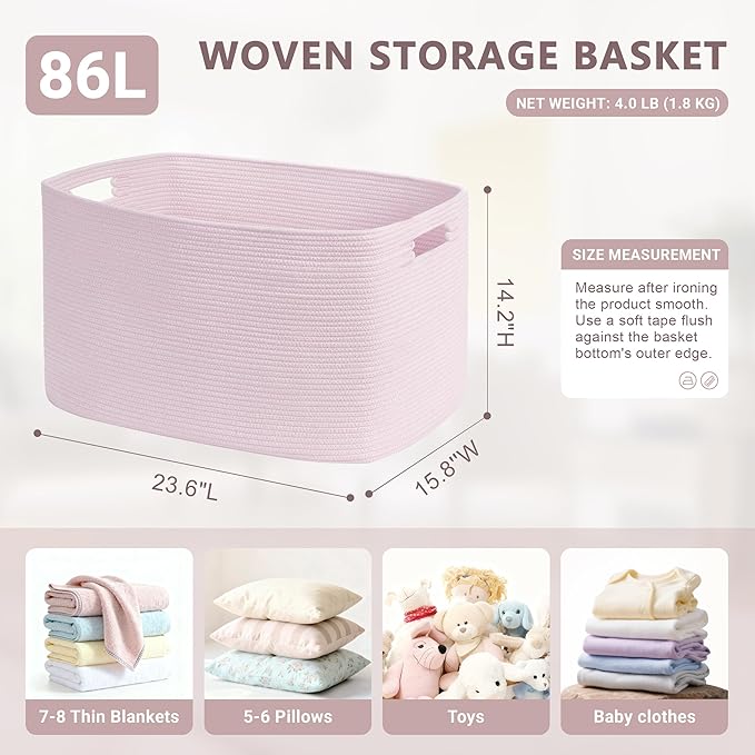 86L Large Baby Girls Laundry Basket for Nursery Storage,Cute Woven cotton Rope Baskets for Kids Toy，Gifts, Boho Square Wicker Blanket hamper for Living Room,Bedroom Dirty Clothes,Pink