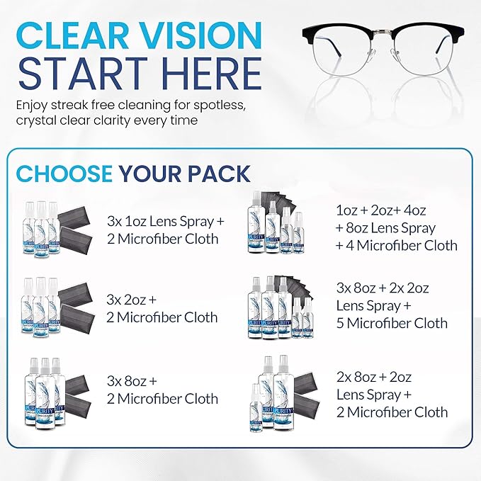 Purity Eyeglass Lens Cleaner Kit - 3 x 2oz Travel Size Lens Cleaner Spray Bottle + 2 Microfiber Cleaning Cloths - Safe for All Lenses (AR Coated Included), Eyeglasses and Screens - Clear