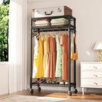 Heavy Duty Clothes Rack Rolling Garment Rack,3 Tier Adjustable Wire Shelving Clothing Racks for Hanging Clothes with Hanger Rod&Side Hooks,Freestanding Wardrobe Storage Rack Metal Portable Closet