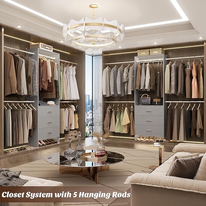 Aheaplus Closet System, Closet Organizer with 3 Wooden Drawers, Closet Organizer System, Walk-in Closet Wardrobe Clothes Rack with 4 Hanging Rods, Garment Rack, -4R, Grey