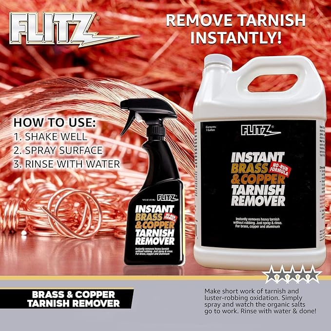 Flitz Instant Brass and Copper Tarnish Remover - 1 Gallon Bottle of USA-Made Organic Rust Remover Spray (No-Rub) - Removes Stains & Oxidation from Glass & Aluminum - Brass Cleaners That Work (3 Pack)