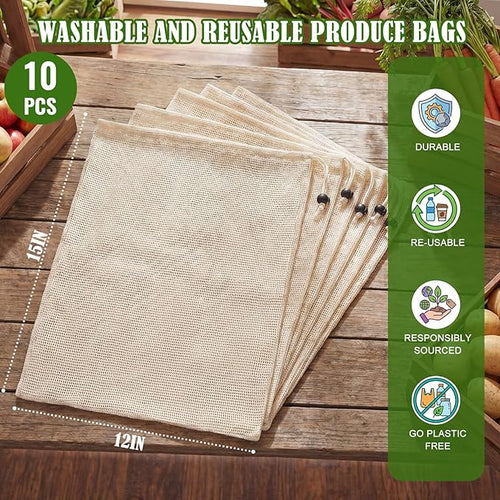10 Pcs 15 x 12 in Reusable Produce Bags Grocery Washable, Cotton Mesh Produce Bags Plastic Free, Drawstring Closure, Double-stitched Organic Cotton Mesh Grocery Bag for Vegetables Fruit Onions