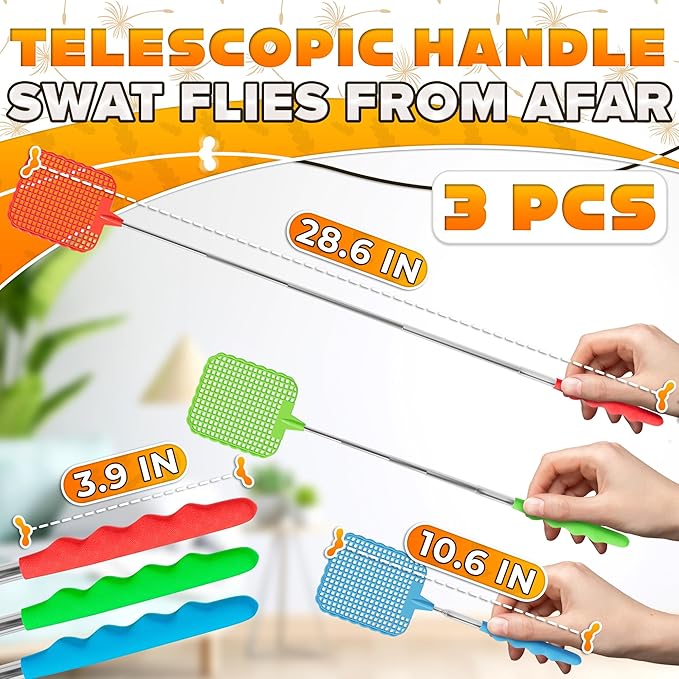 3-Pack Telescopic Fly Swatter Set – Durable and Lightweight Extendable Fly Swatter for Indoors and Outdoors, 3.1 x 3.9 Flexible Head, Non-Slip Ergonomic Rubber Handle, Compact Design for Easy Storage