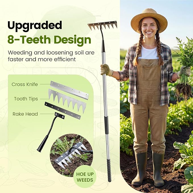 Iron Weeding Rake with Long Handle - Upgraded 8 Teeth Weed Puller Tool, Heavy Duty Manual Weeder Remover Tool for Weeding, Cultivating & Soil Aeration