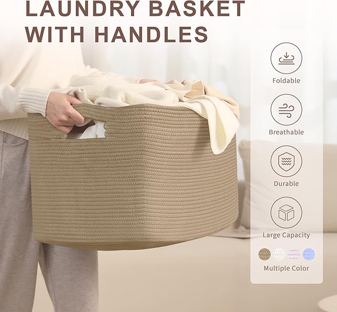 86L Large Wicker Laundry Basket for Living Room Storage,Boho Woven Cotton Rope Baskets for Kids Toy,Gifts,Square Blanket Hamper for Bedroom Dirty Clothes,Jute