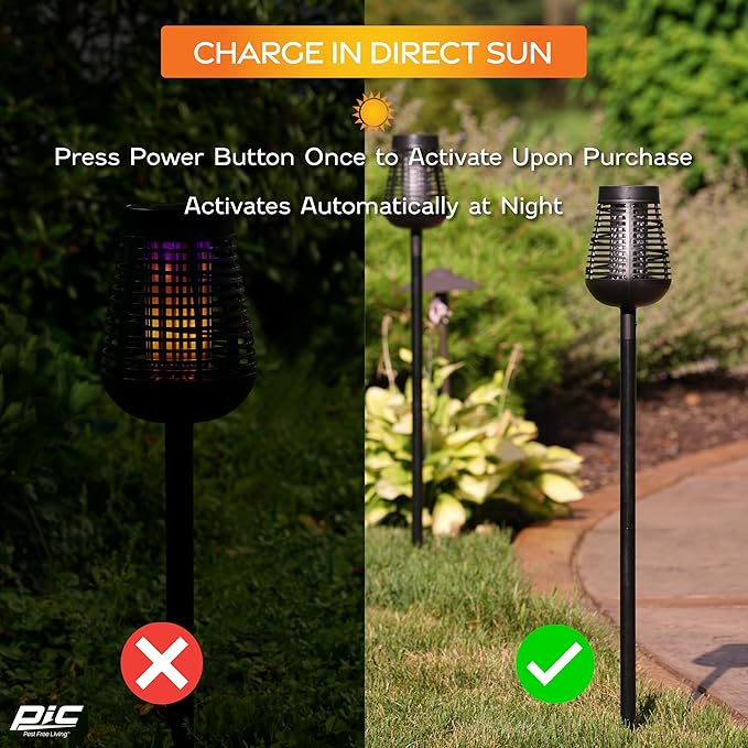 PIC Bug Zapper, 600V Solar Powered Insect Trap & Fly Zapper for Outdoor Use, LED Flickering Flame, Activates Automatically in Dark, Weatherproof Outdoor Fly Trap, Kills Bugs on Contact, Twin Pack
