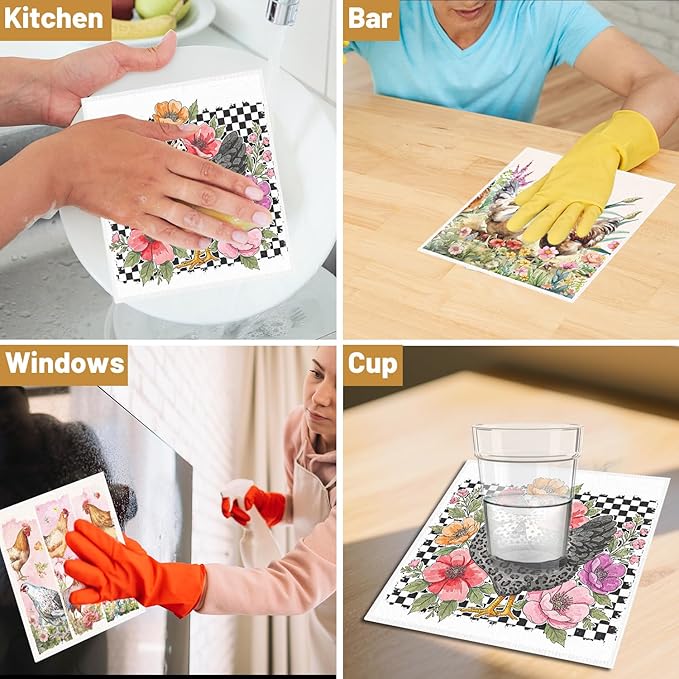 Swedish Dishcloths for Kitchen, 6PCS Chicken Rooster Swedish Dish Cloths Gift Set, Farm Reusable Washable Absorbent Dish Towel for Home Cleaning(7.8 X 7 Inches)