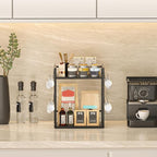 Dorhors 2 Tier Coffee Bar Accessories and Organizer,Multi-functional Mug Holder with 12 Hooks,Wood Coffee Station Organizer,Kitchen Countertop Shelf (Black)