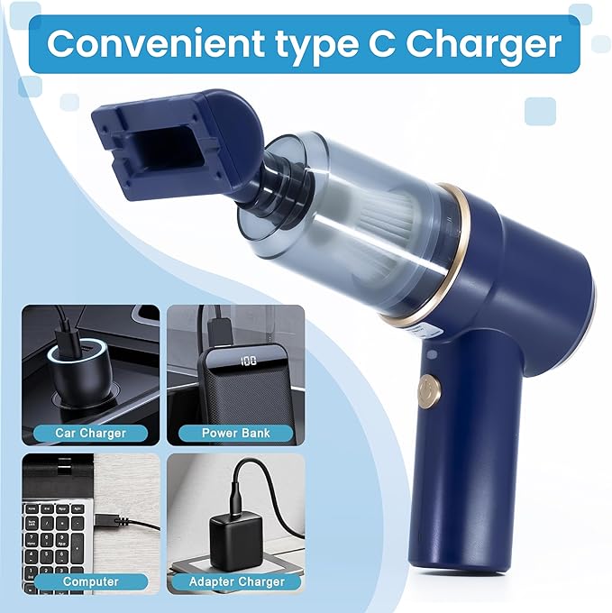 Productverse Portable Cordless Vacuum Cleaner, 22000 PA, Vacuum Cleaner with LED Light, Handheld Vacuum Cordless, Suck and Blow 2 in 1 Portable Vacuum for Car, Home, Office, pet (Blue)