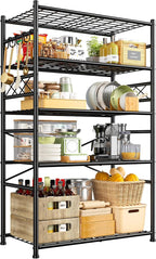 Storage Shelves 5-Tier Large Capacity Wire Shelving with Hooks, Heavy Duty Garage Shelving Unit with Leveling Feet, Stable Metal Shelf for Pantry, Kitchen and Closet, 72" H x 36" W x 12" D, Black
