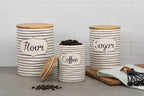 10 Strawberry Street Labeled Ceramic Kitchen Canister Set, Set of 3, Coffee Sugar Flour, White/Black, Bamboo Lids