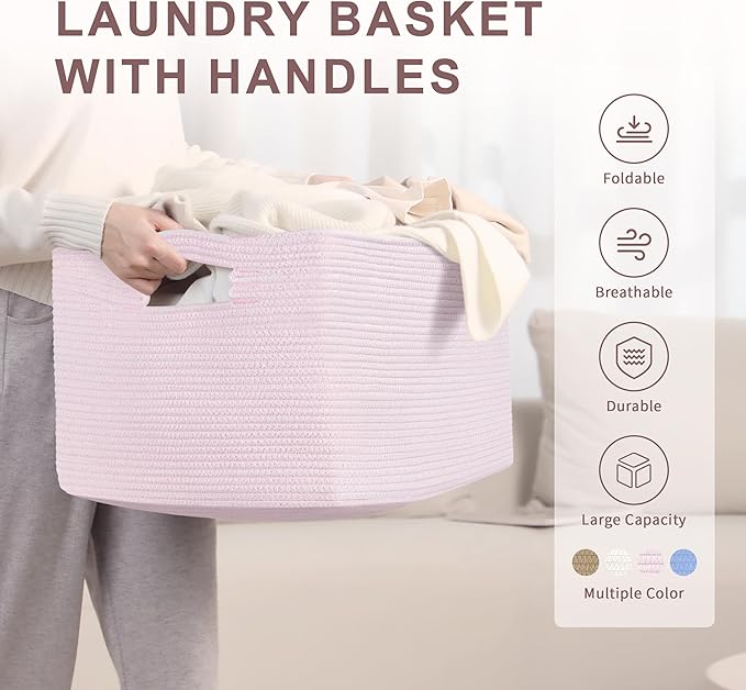 72L Large Baby Girls Laundry Basket for Nursery Storage,Cute Woven cotton Rope Baskets for Kids Toy，Gifts, Boho Square Wicker Blanket hamper for Living Room,Bedroom Dirty Clothes,Pink