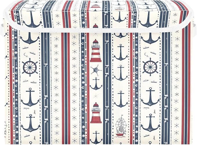 Large Storage Bins with Linen Collapsible Foldable Storage Cubes Fabric Closet Organizer Containers box with Flip-Top Lid for Home Bedroom Office 16.7 x 12.6 x 11.8in (Nautical Theme Anchors Ship)