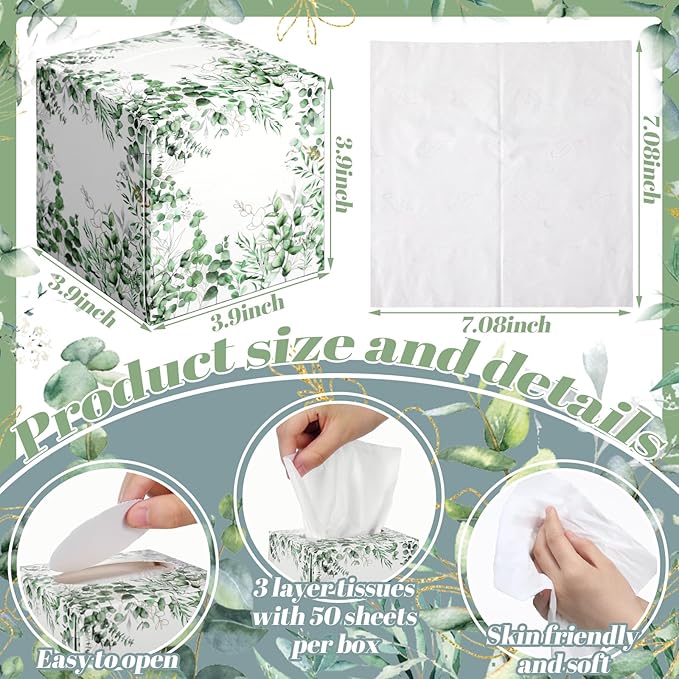12 Pack Fall Eucalyptus Facial Tissues Cube Boxes 600 Sheets 3 Ply Small Square Green Eucalyptus Face Tissues Bulk for Autumn Spring Car Bedroom Supplies