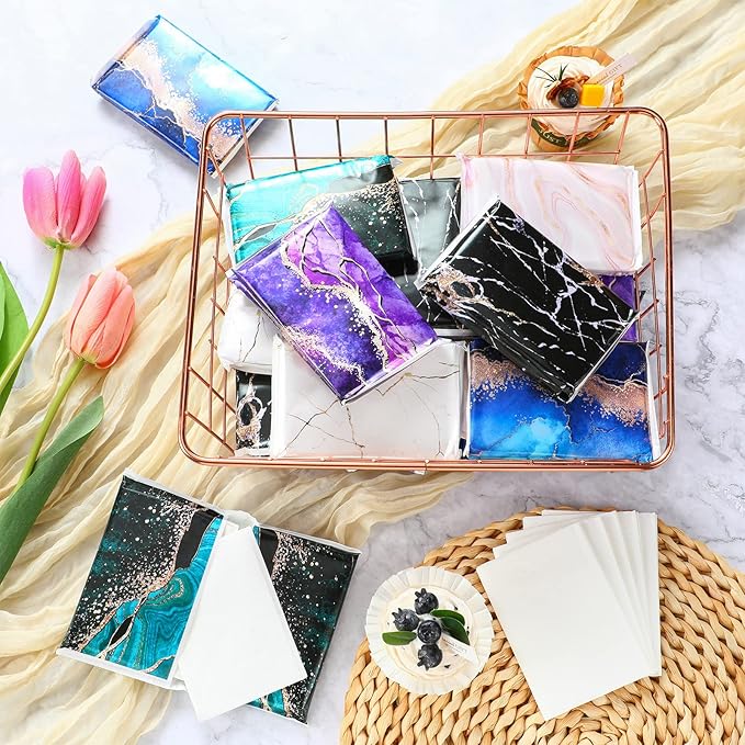 24 Packs Travel Size Tissue Pocket Slim Pack Facial 3 Ply Wallet Size Pocket Tissues for Travel Wedding Party Favors, 6 Styles(Marble Print)