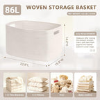86L Large Baby Girls Laundry Basket for Nursery Storage,Cute Woven cotton Rope Baskets for Kids Toy，Gifts, Boho Square Wicker Blanket hamper for Living Room,Bedroom Dirty Clothes, White