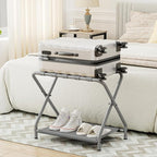 HOOBRO Luggage Rack, Pack of 2, Folding Suitcase Stand with Fabric Storage Shelf for Guest Room, Bedroom, Hotel, Holds up to 100 lb, 27 x 15.3 x 22 Inches, Space Saving, Gray GY04XLP201