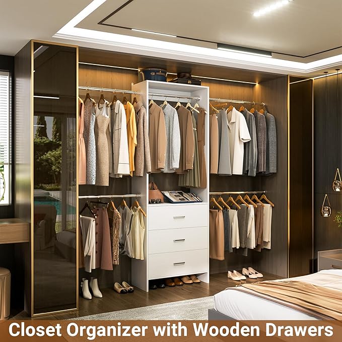 Aheaplus Closet System, Closet Organizer with 3 Wooden Drawers, Closet Organizer System, Walk-in Closet Wardrobe Clothes Rack with 4 Hanging Rods, Garment Rack, -4R, White