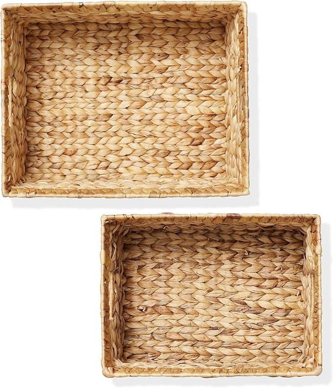 Casafield Set of 2 Water Hyacinth Storage Baskets with Handles - 1-Jumbo, 1-Large Woven Organizers for Bathroom, Laundry, Pantry, Office, Shelves