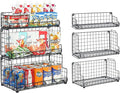 X-cosrack Stackable Wire Basket 3 Tier Countertop& Wall Mounted Metal Storage Basket for Kitchen Pantry Cabinet, Muti-functional Open Front Bin Organizer for Food Fruit Snack, Black