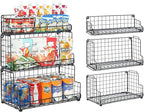 X-cosrack Stackable Wire Basket 3 Tier Countertop& Wall Mounted Metal Storage Basket for Kitchen Pantry Cabinet, Muti-functional Open Front Bin Organizer for Food Fruit Snack, Black