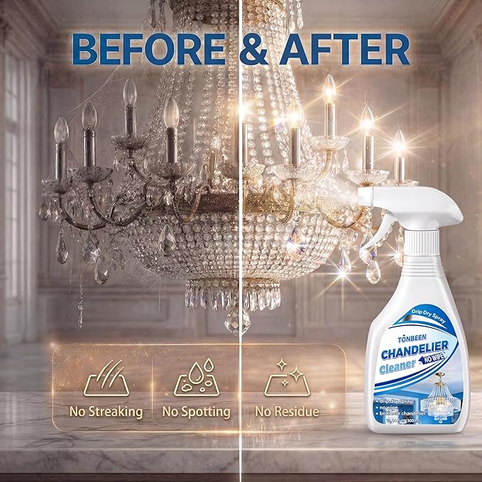 Chandelier Cleaner Drip Dry Spray - No Wipe Streak Free Dust Remover for Crystals, Glass & Window Screens, 1 Pack